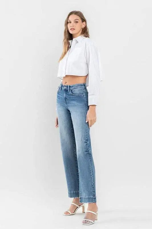 High Rise Wide Leg Jeans with Trouser Hem Detail - Sleekdenim.com