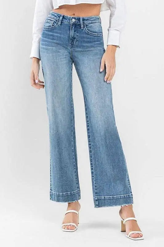 High Rise Wide Leg Jeans with Trouser Hem Detail - Sleekdenim.com