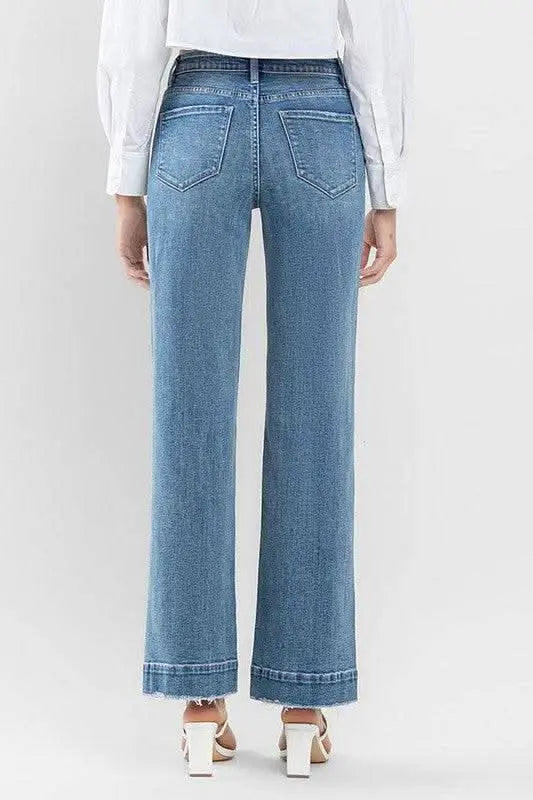 High Rise Wide Leg Jeans with Trouser Hem Detail - Sleekdenim.com