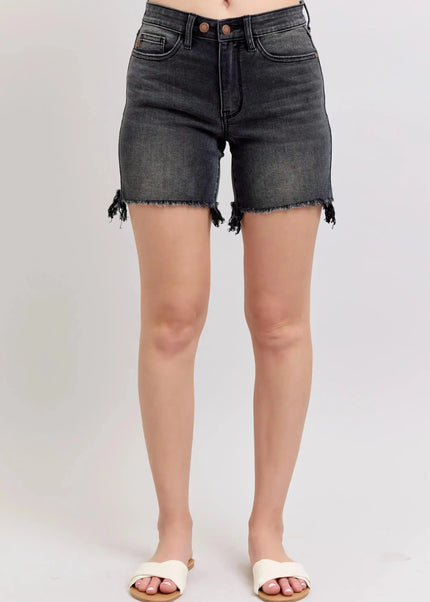 Judy Blue Black Long Cut Off High Rise Dad Shorts 15286 - Sleekdenim.com