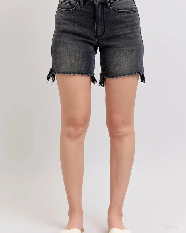 Judy Blue Black Long Cut Off High Rise Dad Shorts 15286 - Sleekdenim.com