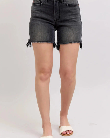Judy Blue Black Long Cut Off High Rise Dad Shorts 15286 - Sleekdenim.com
