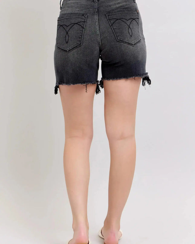 Judy Blue Black Long Cut Off High Rise Dad Shorts 15286 - Sleekdenim.com