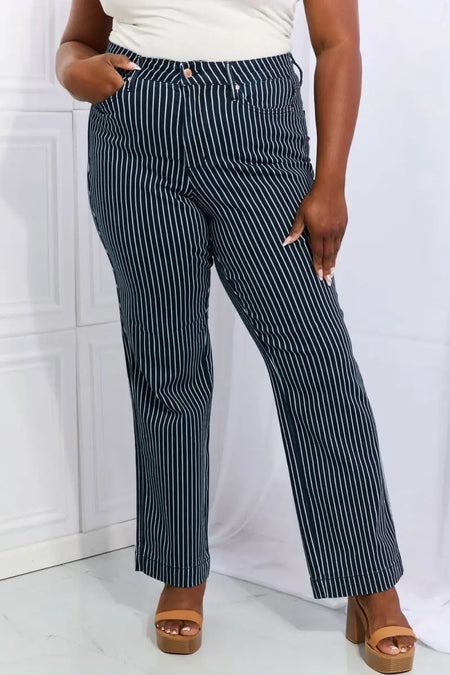 Judy Blue Cassidy Full Size High Waisted Tummy Control Striped Straight Jeans - Sleekdenim.com