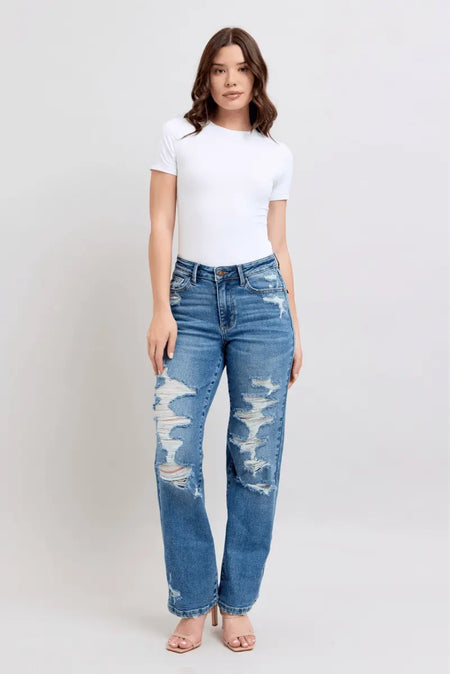 Judy Blue High Waist Heavy Destroy Straight Rise Jeans - Sleekdenim.com