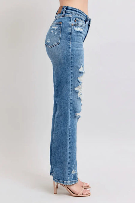 Judy Blue High Waist Heavy Destroy Straight Rise Jeans - Sleekdenim.com