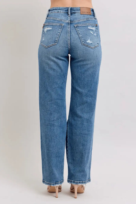 Judy Blue High Waist Heavy Destroy Straight Rise Jeans - Sleekdenim.com