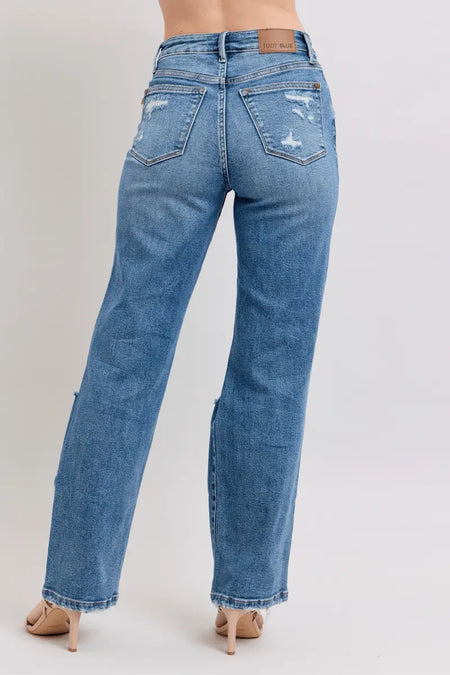 Judy Blue High Waist Heavy Destroy Straight Rise Jeans - Sleekdenim.com