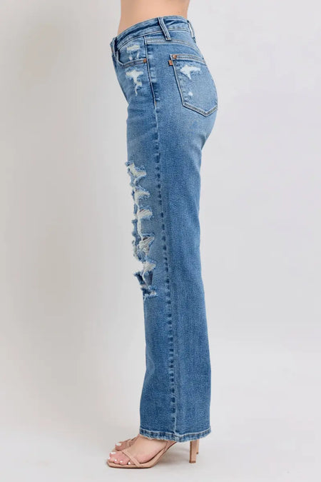 Judy Blue High Waist Heavy Destroy Straight Rise Jeans - Sleekdenim.com