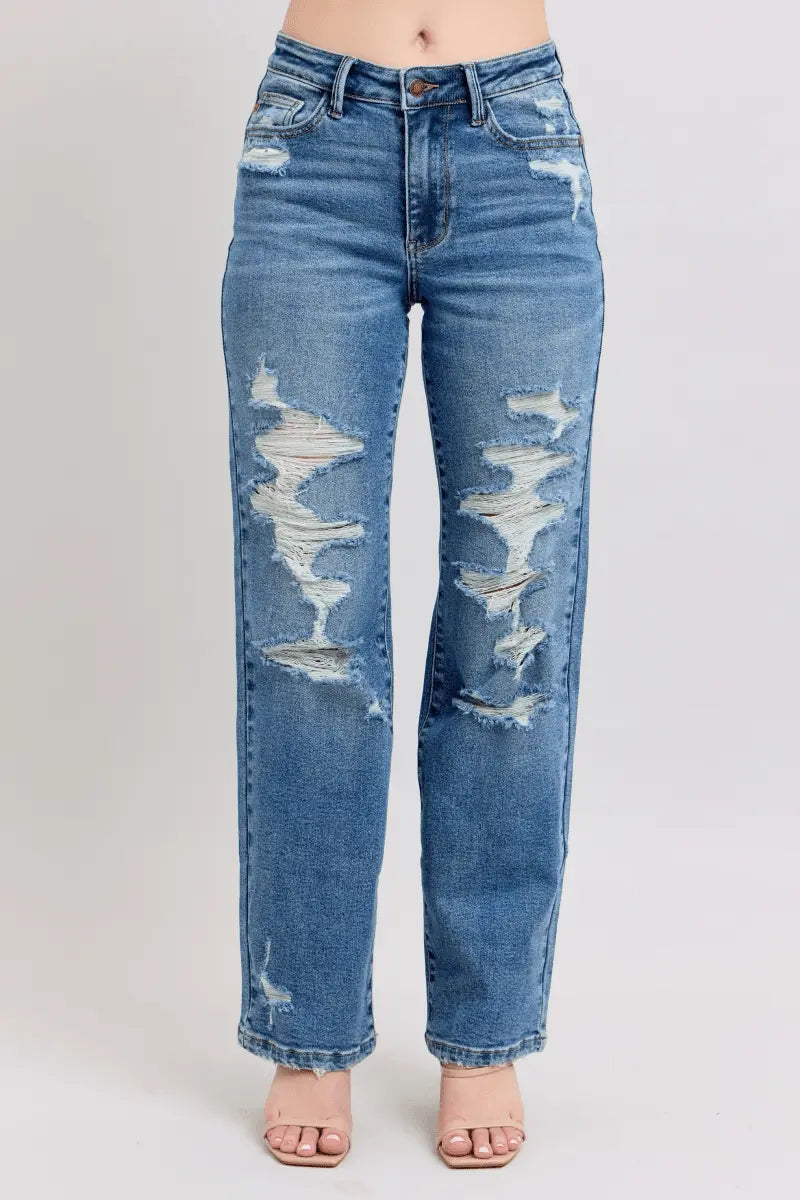 Judy Blue High Waist Heavy Destroy Straight Rise Jeans - Sleekdenim.com