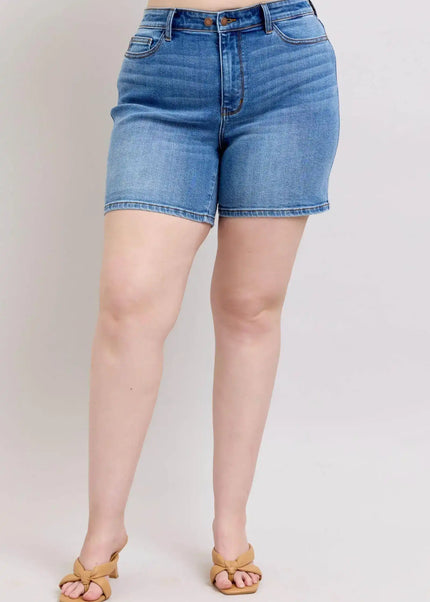 Judy Blue Double Button Denim Shorts with Pockets in Plus and Regular Sizes - Sleekdenim.com