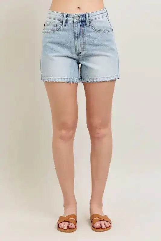 Judy Blue Frayed Hem High Rise Denim Shorts with Pockets - Sleekdenim.com