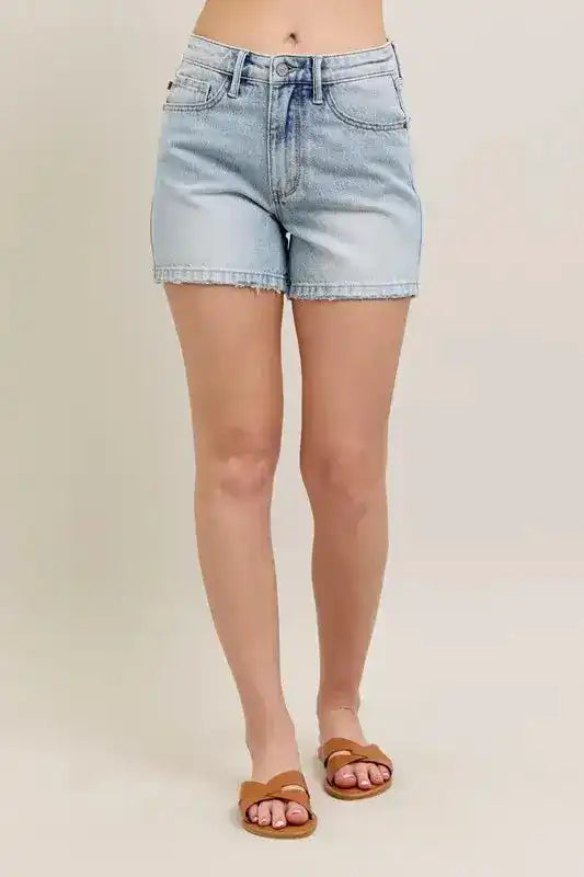 Judy Blue Frayed Hem High Rise Denim Shorts with Pockets - Sleekdenim.com