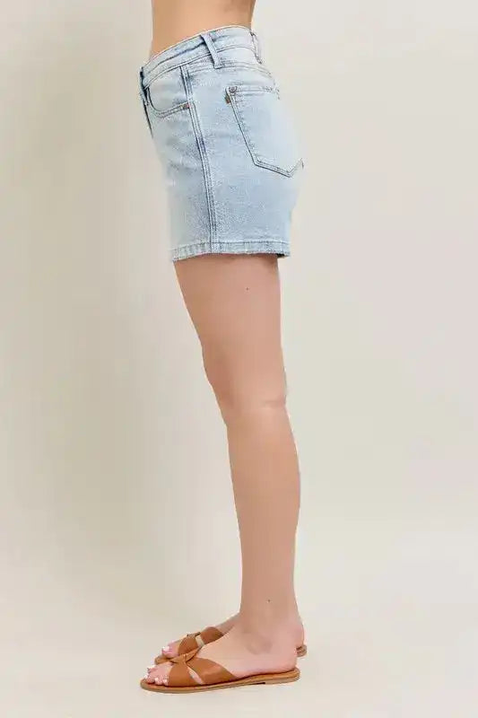 Judy Blue Frayed Hem High Rise Denim Shorts with Pockets - Sleekdenim.com