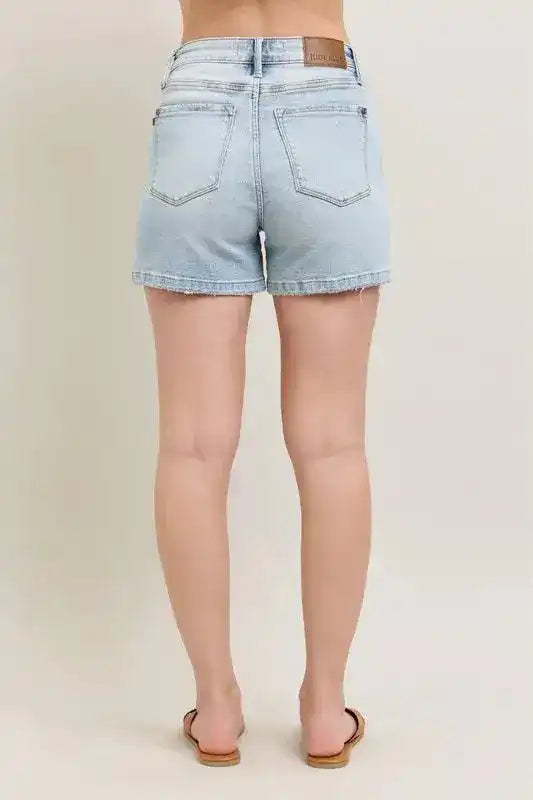 Judy Blue Frayed Hem High Rise Denim Shorts with Pockets - Sleekdenim.com