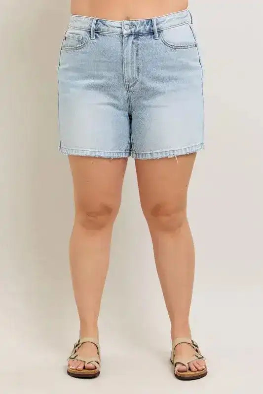 Judy Blue Frayed Hem High Rise Denim Shorts with Pockets - Sleekdenim.com