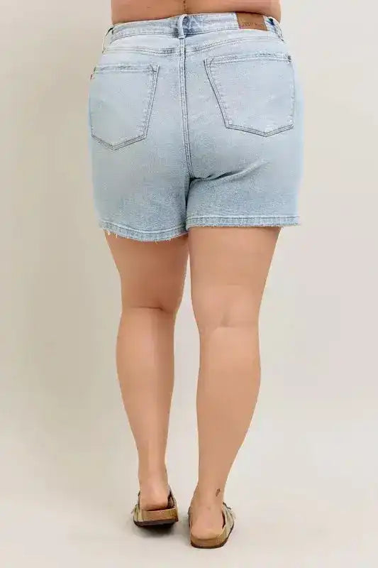 Judy Blue Frayed Hem High Rise Denim Shorts with Pockets - Sleekdenim.com