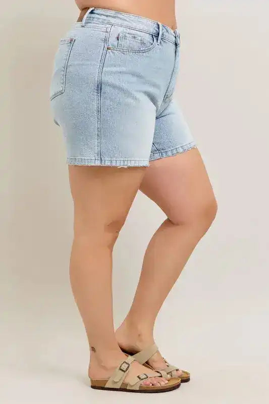 Judy Blue Frayed Hem High Rise Denim Shorts with Pockets - Sleekdenim.com