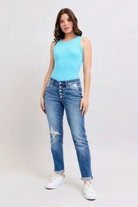 Judy Blue Full Size Button Fly Distressed Jeans with Pockets Plus Size - Sleekdenim.com