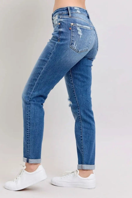 Judy Blue Full Size Button Fly Distressed Jeans with Pockets Plus Size - Sleekdenim.com