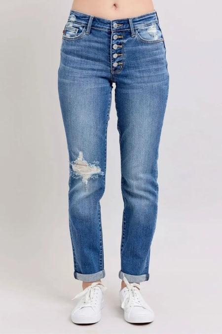 Judy Blue Full Size Button Fly Distressed Jeans with Pockets Plus Size - Sleekdenim.com