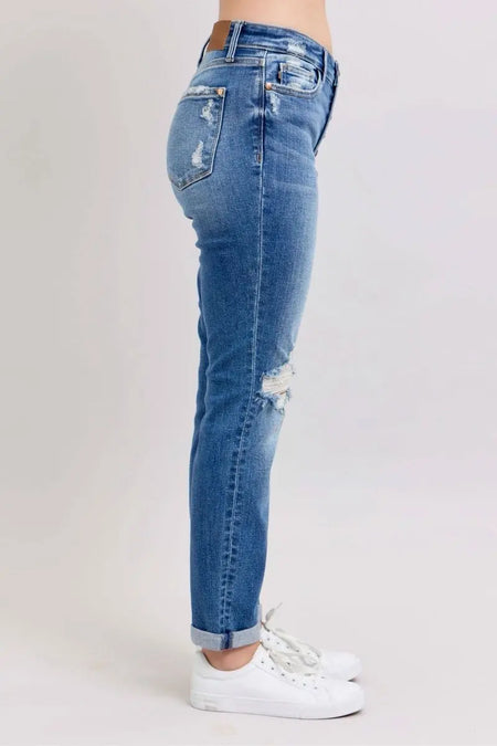 Judy Blue Full Size Button Fly Distressed Jeans with Pockets Plus Size - Sleekdenim.com