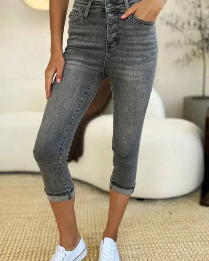 Judy Blue Full Size Button Fly High Waist Cuffed Capris - Sleekdenim.com
