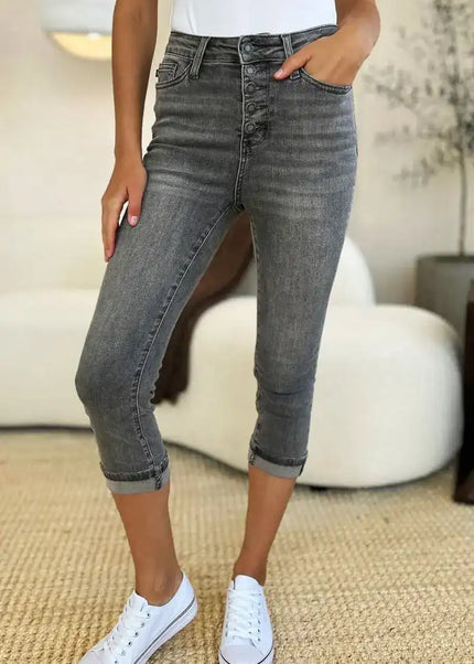 Judy Blue Full Size Button Fly High Waist Cuffed Capris - Sleekdenim.com