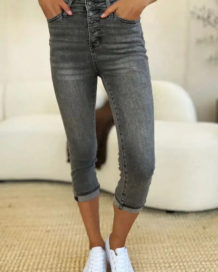 Judy Blue Full Size Button Fly High Waist Cuffed Capris - Sleekdenim.com