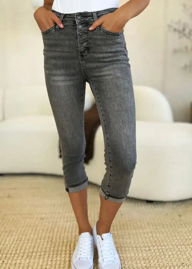 Judy Blue Full Size Button Fly High Waist Cuffed Capris - Sleekdenim.com