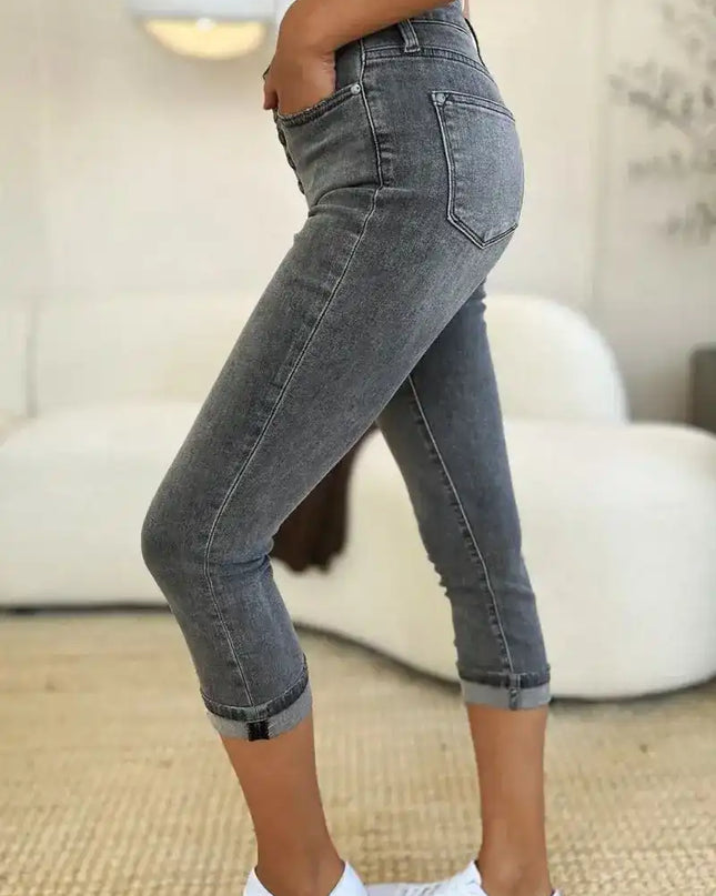 Judy Blue Full Size Button Fly High Waist Cuffed Capris - Sleekdenim.com