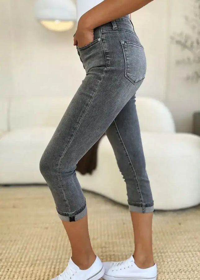 Judy Blue Full Size Button Fly High Waist Cuffed Capris - Sleekdenim.com