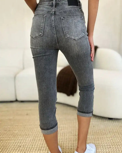 Judy Blue Full Size Button Fly High Waist Cuffed Capris - Sleekdenim.com