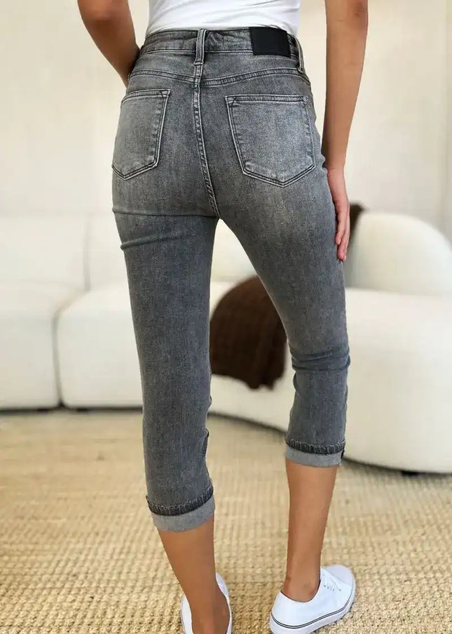 Judy Blue Full Size Button Fly High Waist Cuffed Capris - Sleekdenim.com