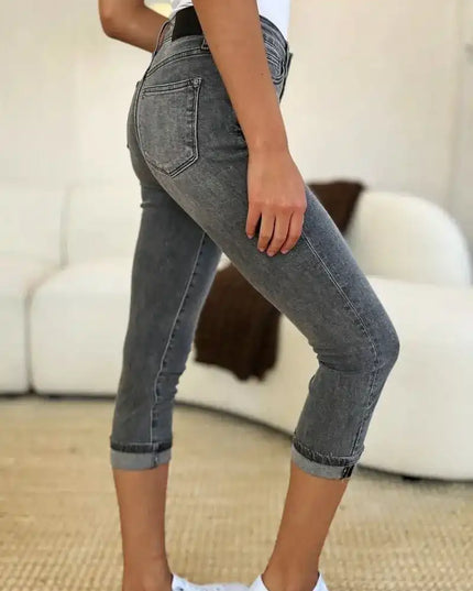 Judy Blue Full Size Button Fly High Waist Cuffed Capris - Sleekdenim.com