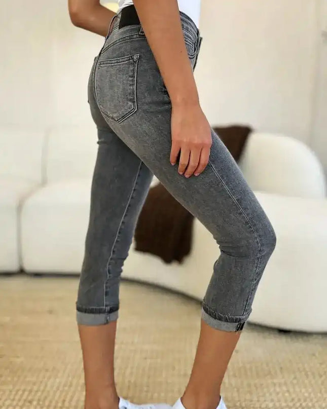 Judy Blue Full Size Button Fly High Waist Cuffed Capris - Sleekdenim.com