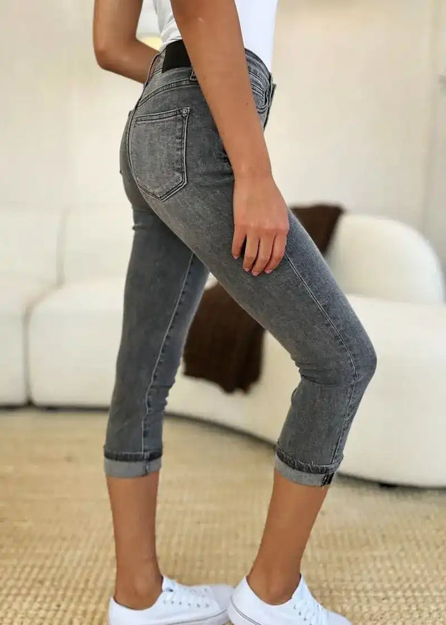 Judy Blue Full Size Button Fly High Waist Cuffed Capris - Sleekdenim.com
