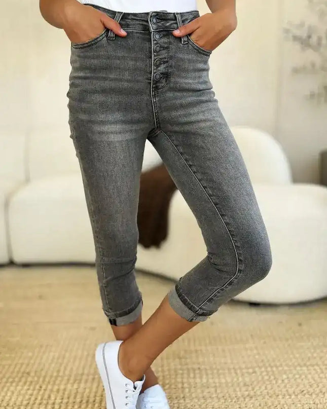 Judy Blue Full Size Button Fly High Waist Cuffed Capris - Sleekdenim.com
