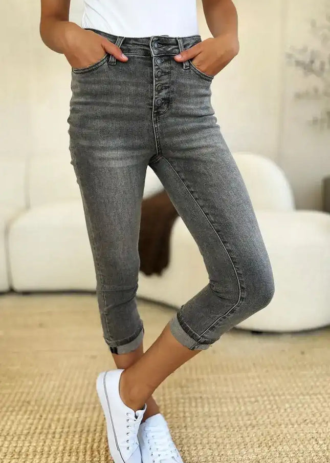 Judy Blue Full Size Button Fly High Waist Cuffed Capris - Sleekdenim.com