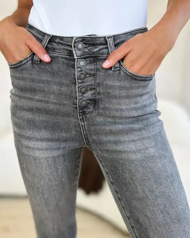 Judy Blue Full Size Button Fly High Waist Cuffed Capris - Sleekdenim.com