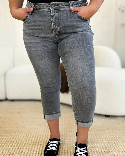 Judy Blue Full Size Button Fly High Waist Cuffed Capris - Sleekdenim.com