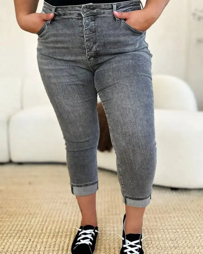 Judy Blue Full Size Button Fly High Waist Cuffed Capris - Sleekdenim.com