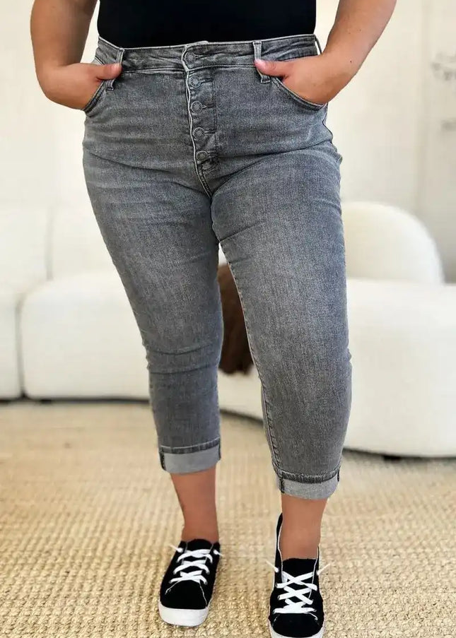 Judy Blue Full Size Button Fly High Waist Cuffed Capris - Sleekdenim.com