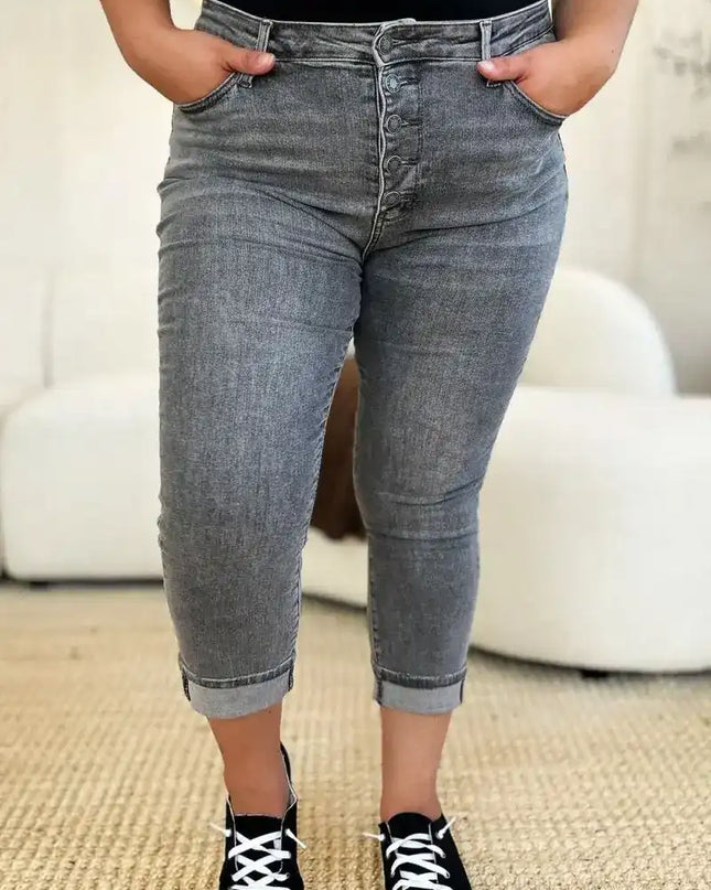 Judy Blue Full Size Button Fly High Waist Cuffed Capris - Sleekdenim.com