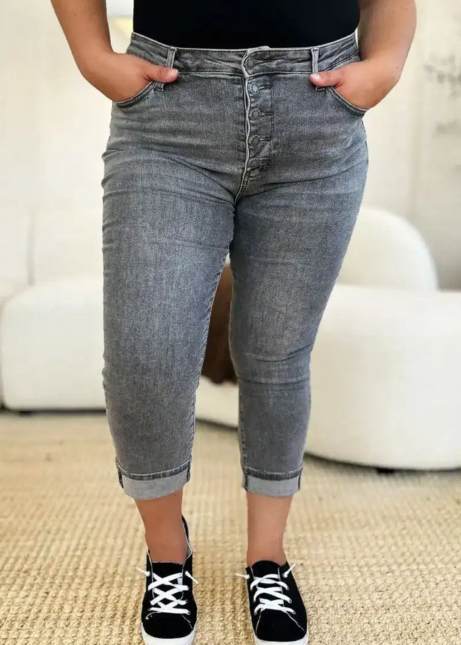 Judy Blue Full Size Button Fly High Waist Cuffed Capris - Sleekdenim.com