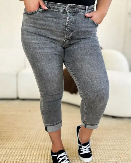 Judy Blue Full Size Button Fly High Waist Cuffed Capris - Sleekdenim.com