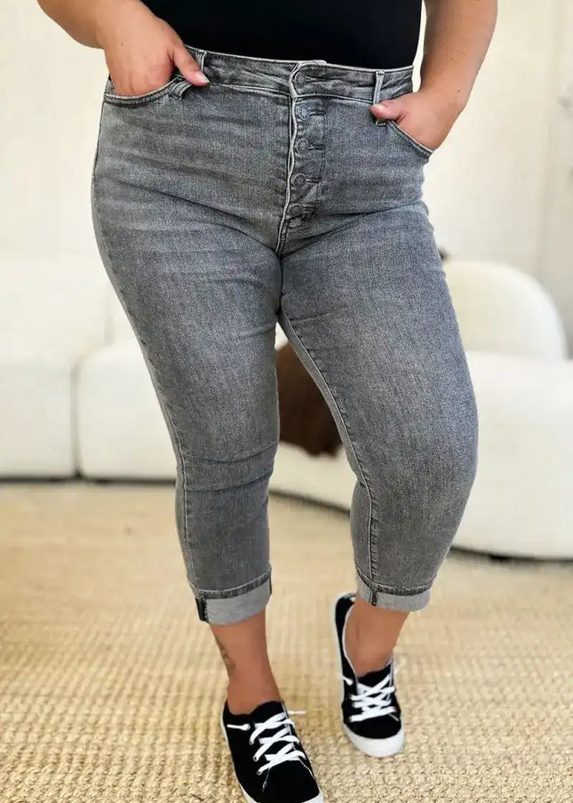 Judy Blue Full Size Button Fly High Waist Cuffed Capris - Sleekdenim.com
