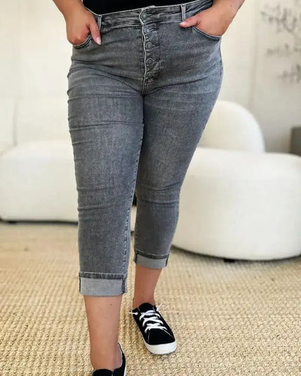 Judy Blue Full Size Button Fly High Waist Cuffed Capris - Sleekdenim.com