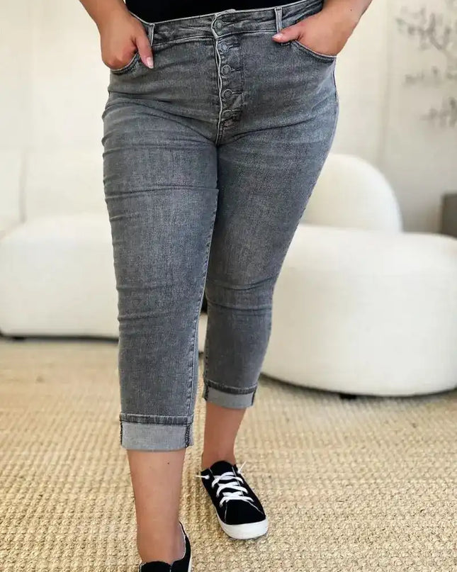 Judy Blue Full Size Button Fly High Waist Cuffed Capris - Sleekdenim.com