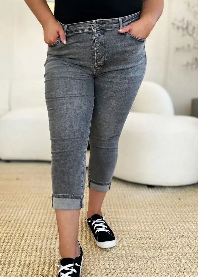 Judy Blue Full Size Button Fly High Waist Cuffed Capris - Sleekdenim.com